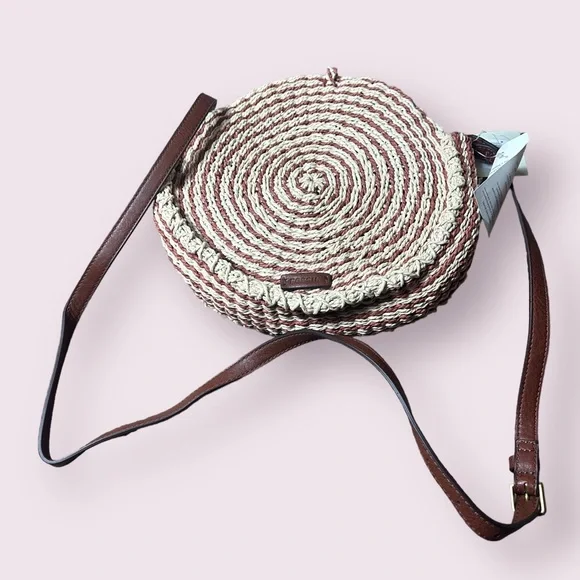 NWT Fossil Faye Crossbody Straw Woven Handbag Terracotta Accents Brown Strap - Picture 5 of 10